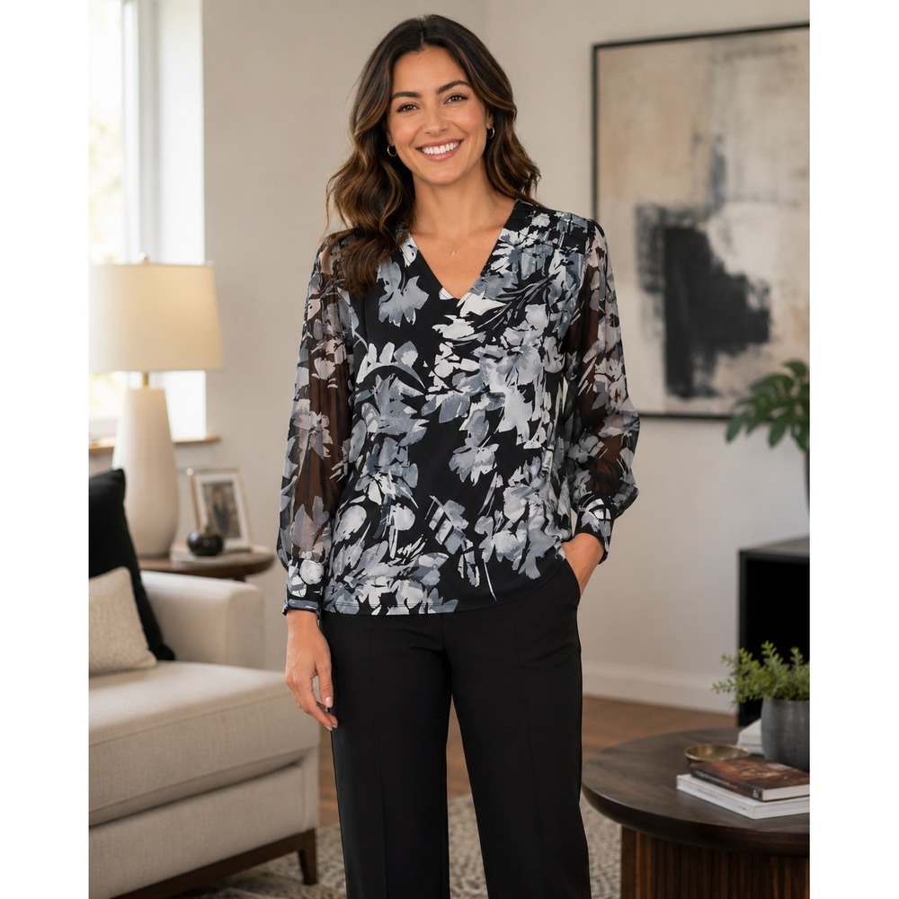 Calvin Klein V-Neck Printed Chiffon Sleeve Blouse Black Gray Women's Medium